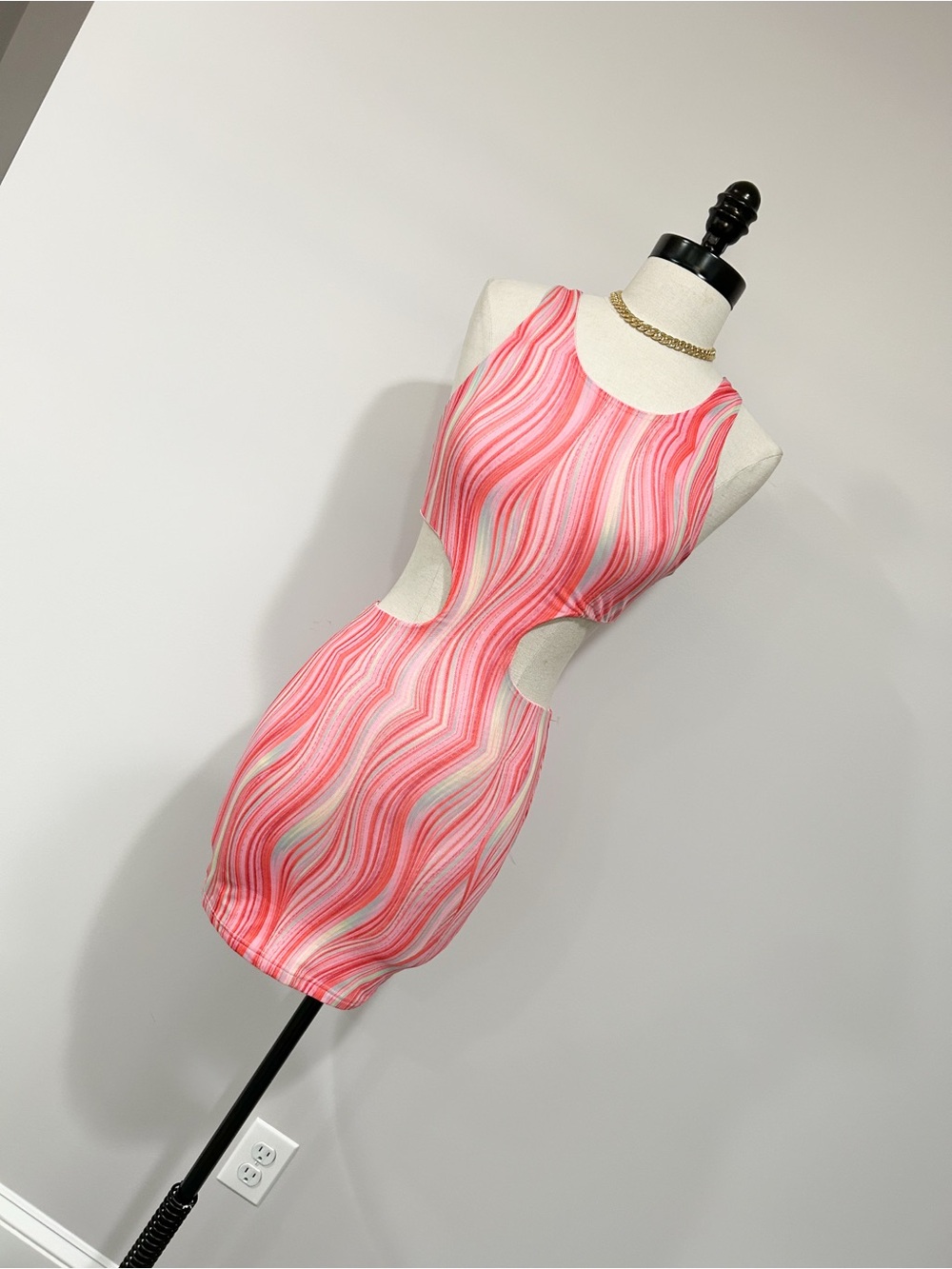 superdown Pink & White Wave-Print Side Cutout Mini Dress